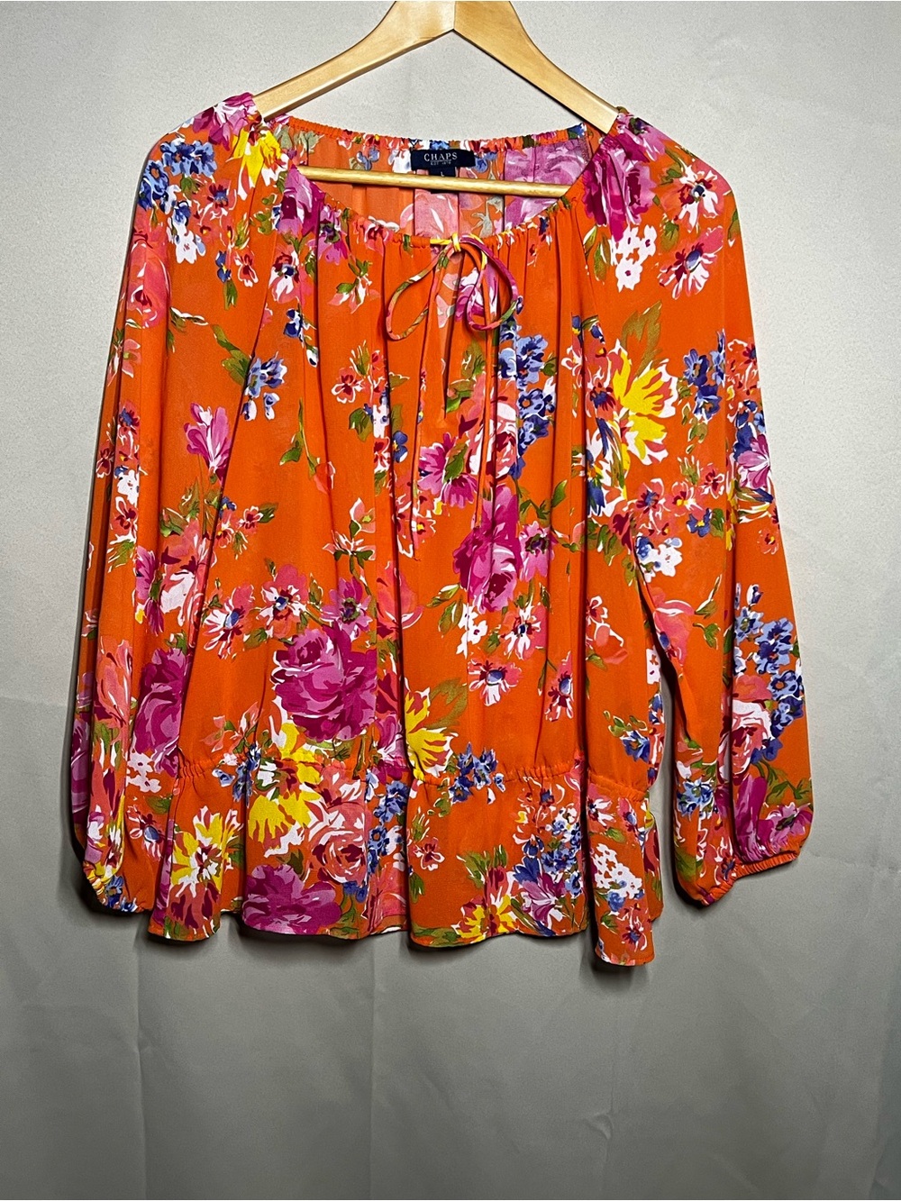 Chaps Women’s L Orange Floral Peasant Blouse Boho Tie Neck Balloon Sleeve